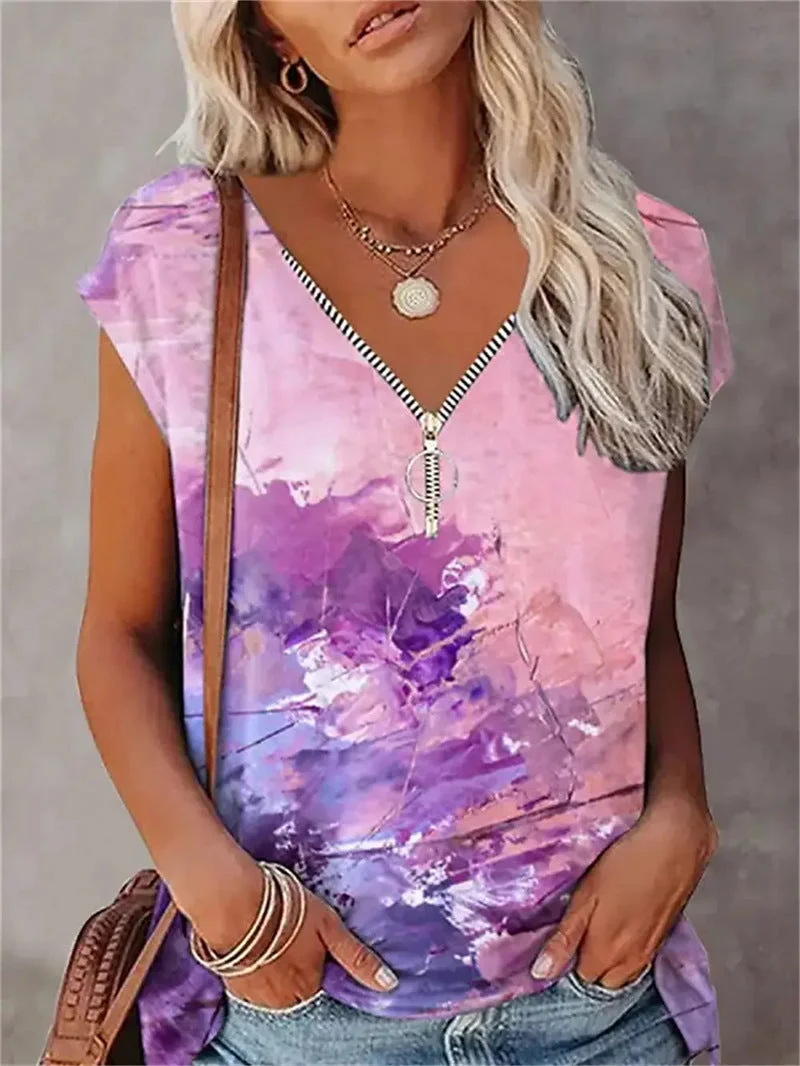 Women's V-neck Short Sleeve Printed Top T-Shirt