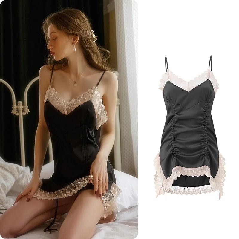French Sexy Nightdress Women Sleepwear Summer Strap V-neck Lace Split Strap Nightgown Silk Night Dress Dropshipping