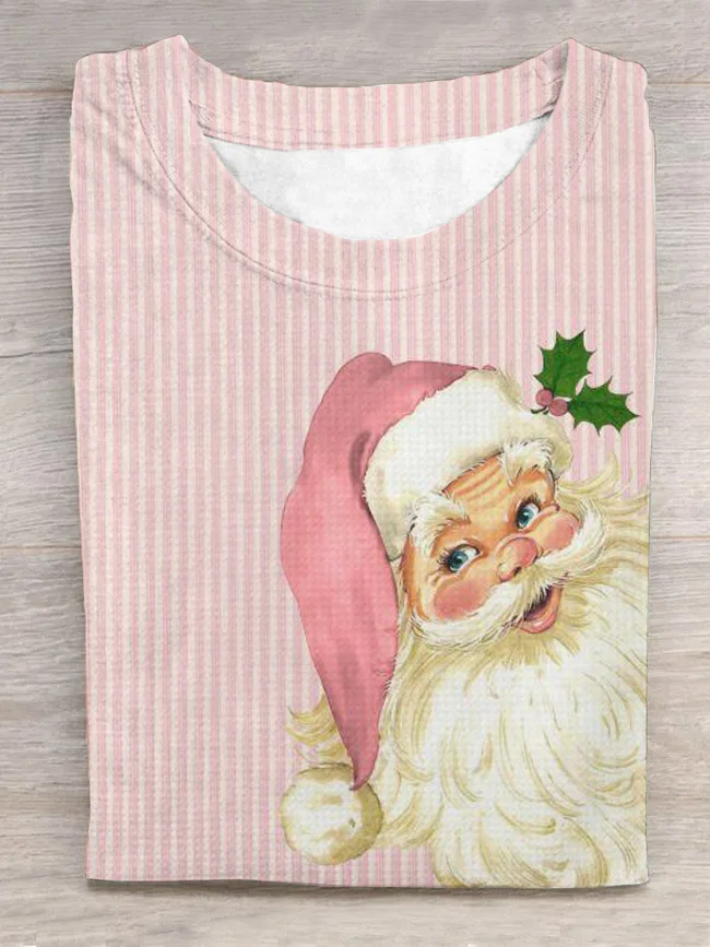 Pink Striped Santa Round Neck T-Shirt