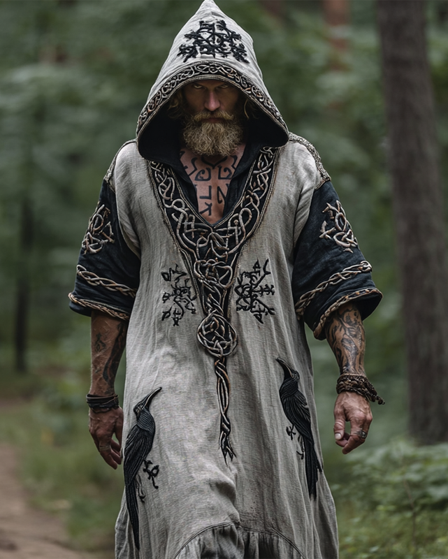 Men's Vacation Viking Raven Celtic Knot Art 3D Embroidered Hooded Kaftan 645f