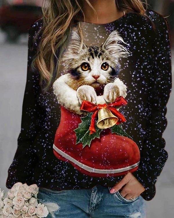Christmas Bell&Cat Digital Printed Sweatshirt