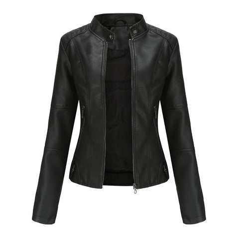 Schwarz lederjacke mit mao-kragen