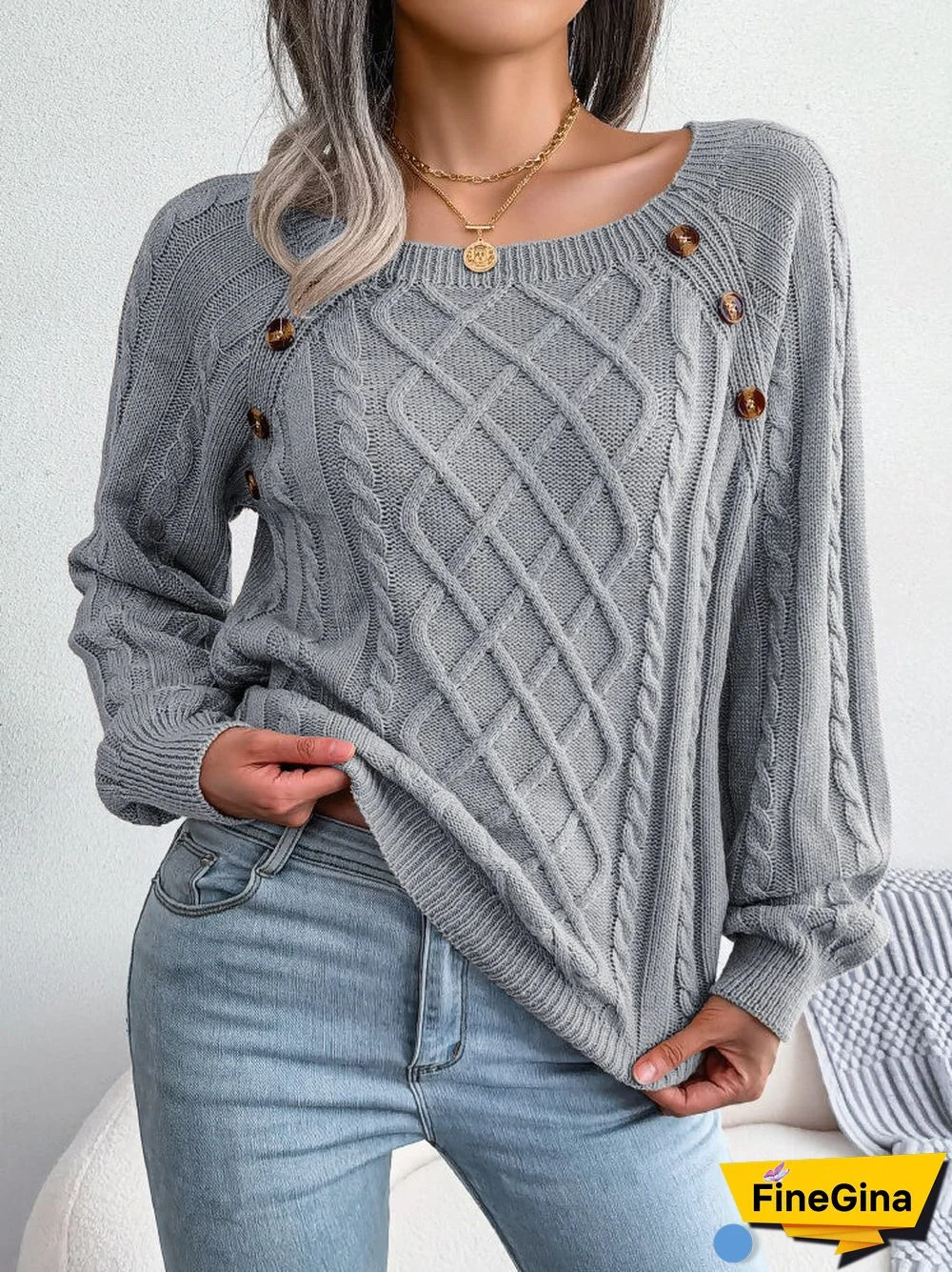 Women's  U-neck Slouchy Twist Knitting Long Sleeved Top
