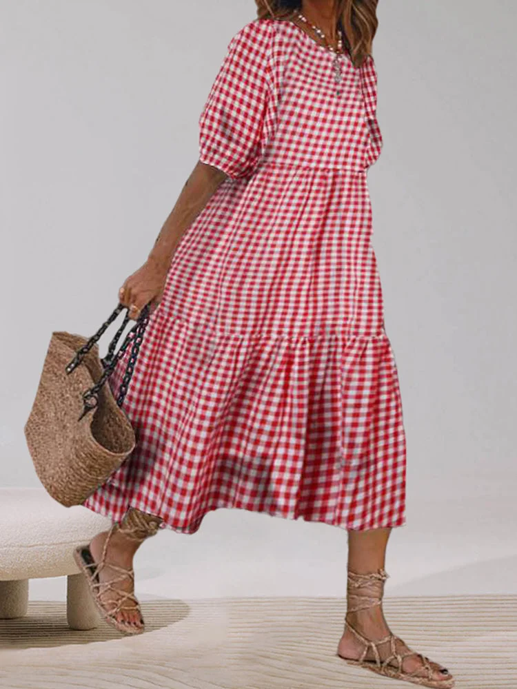 VChics Casual Plaid Short Sleeve Midi Dress