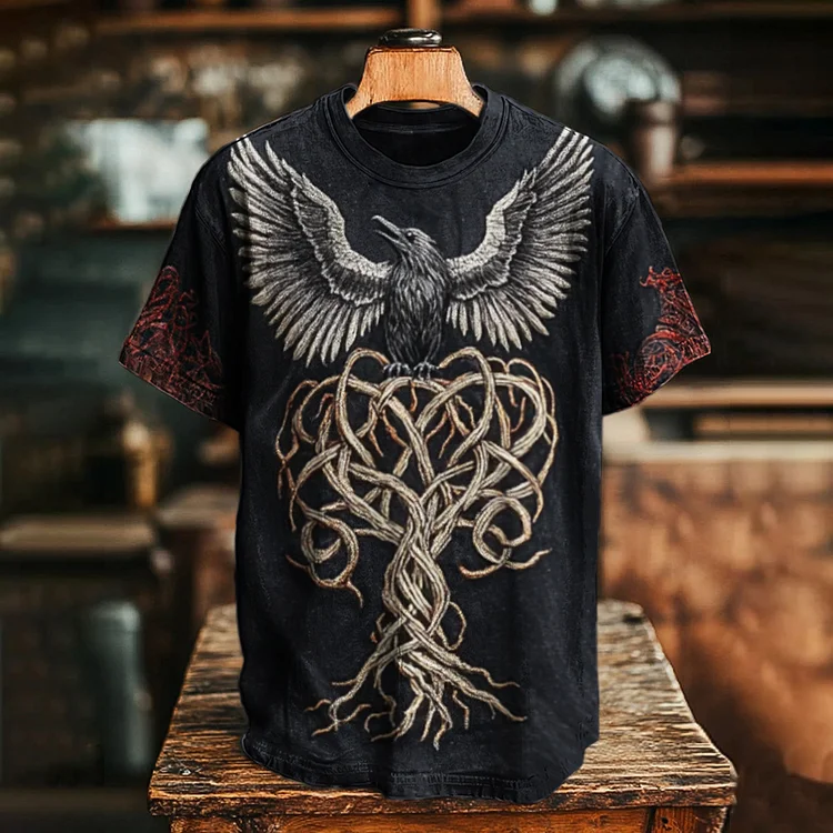 Viking Raven & Tree Of Life Embroidered Men's Vintage T-shirt