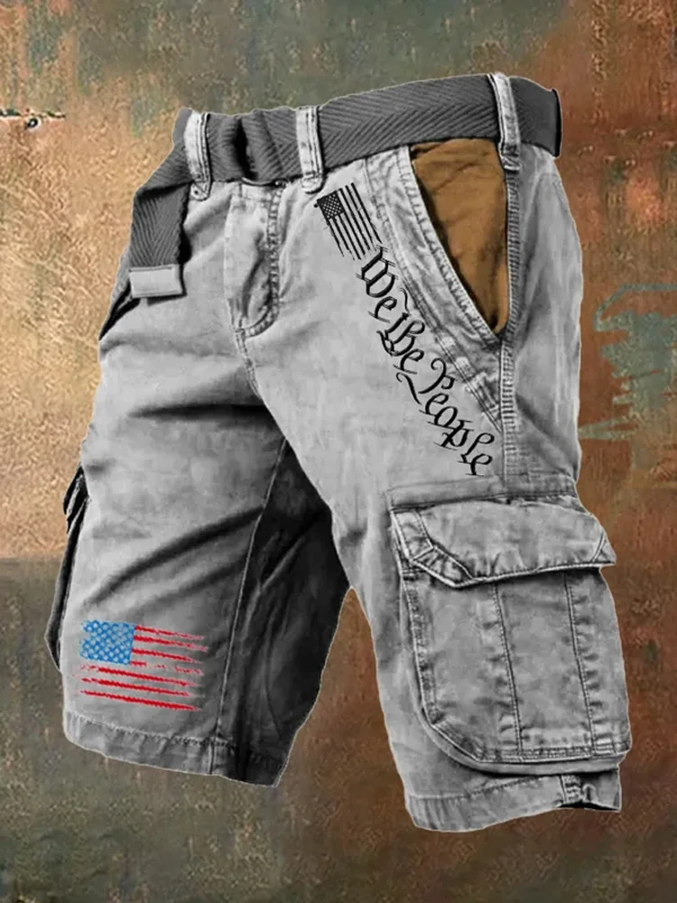 VChics Men's Vintage Flag Independence Day Multi-Pocket Print Cargo Shorts