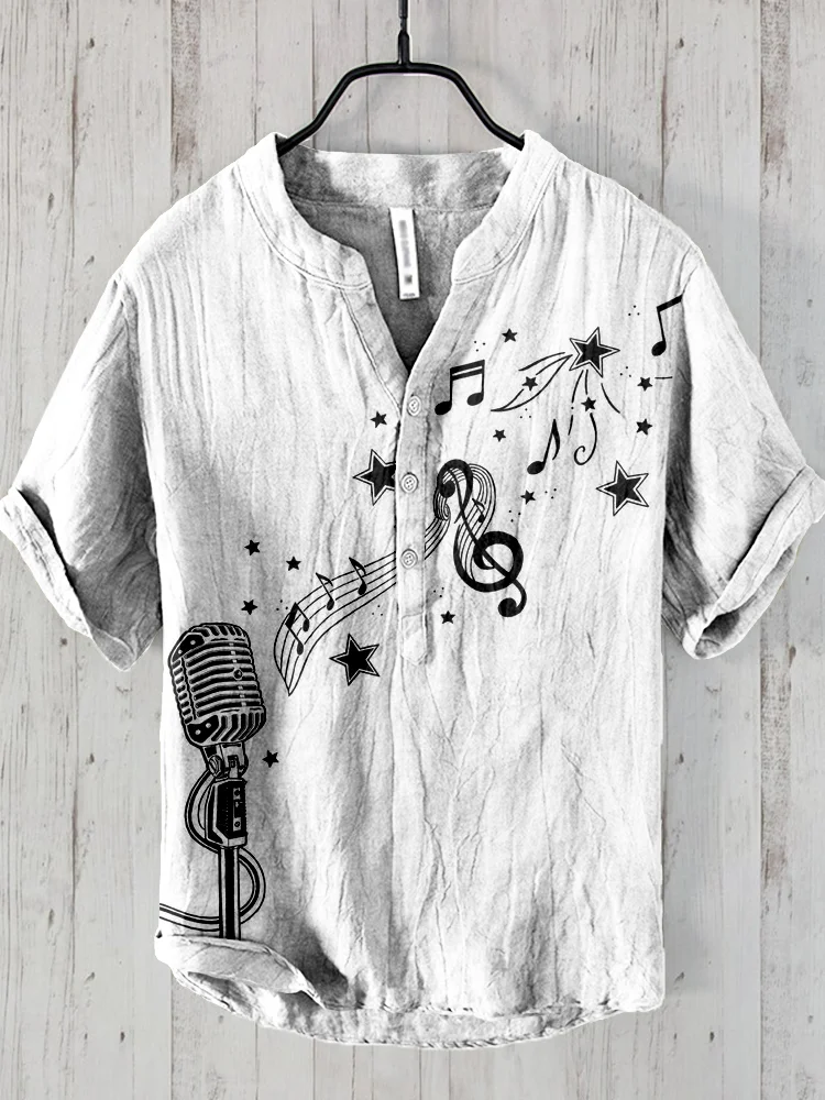 Microphone And Music Notes Pattern Linen Blend Shirt