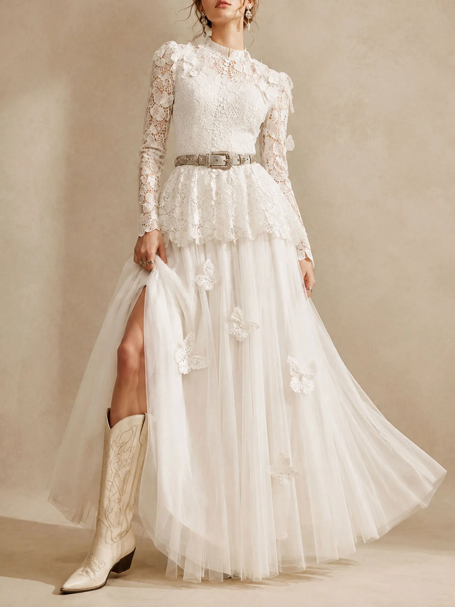 Great For A Romantic Fall Date Night &mdash; 2026 Autumn Women'S Cream Boho Embroidered Lace High-Neck Top And Tulle Midi Skirt Set（No Belt）