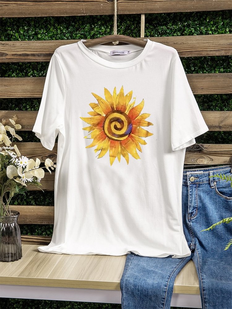 Bestdealfriday Sunflower Crew Neck Floral Casual Tee 9575263