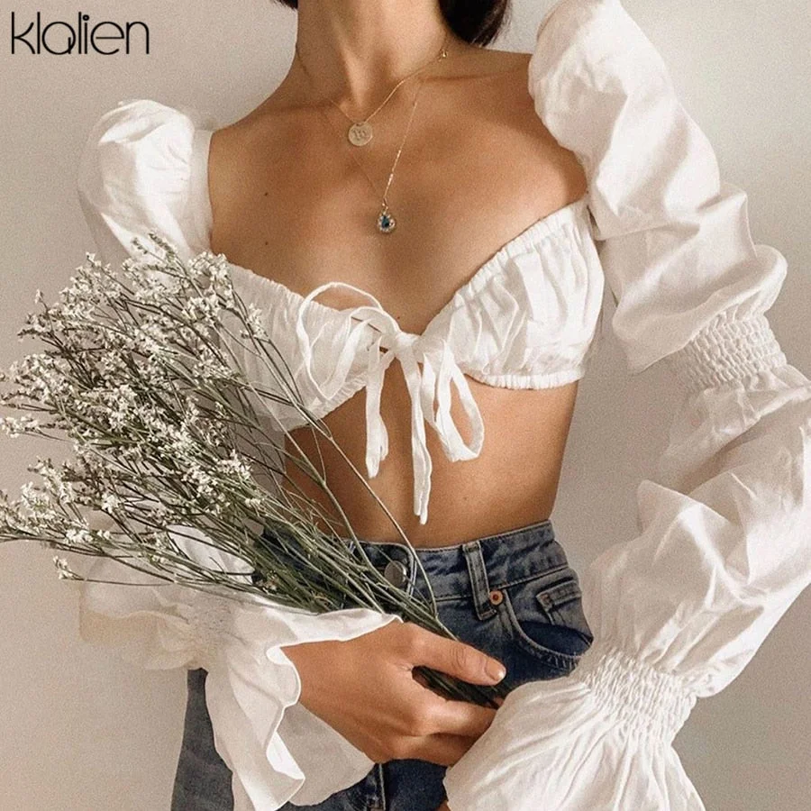 KLALIEN Fashion Sexy Bandage Low Chest Beach T Shirt Women Elegant White Lantern Sleeve French Romantic Slim Wild Female Top