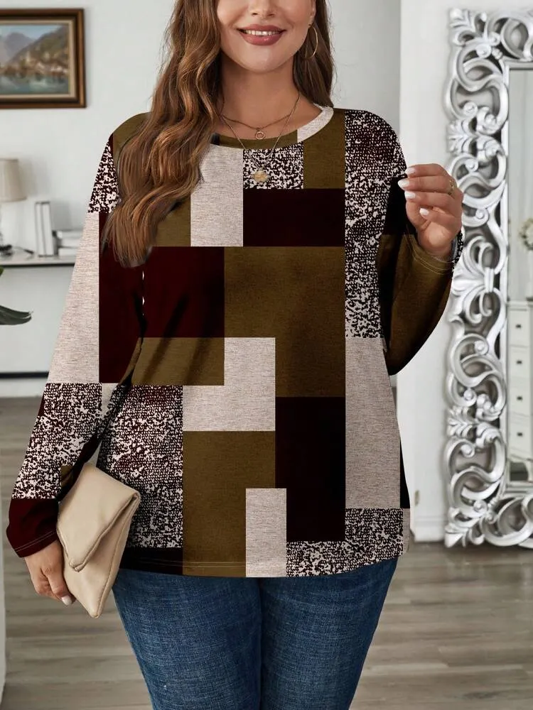 Plus Size Womens Vintage Casual Color Block Print Round-neck Long Sleeve T-Shirt Autumn