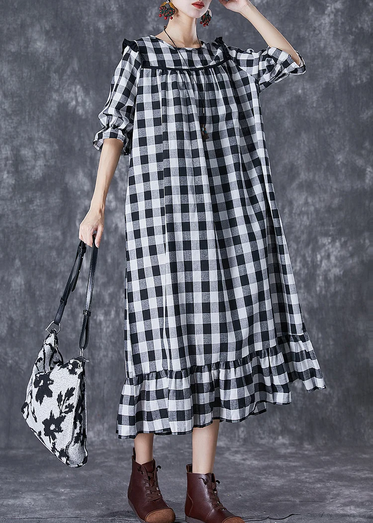 Women Ruffled Patchwork Plaid Cotton Ankle Dress Summer