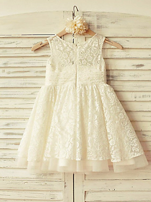 Oknass A-Line Short Sleeve Crew Neck Flower Girl Dresses  Lace Tulle With Pleats