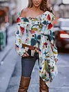 Off-The-Shoulder Floral Print Split-Joint Cropped Long Sleeve Top