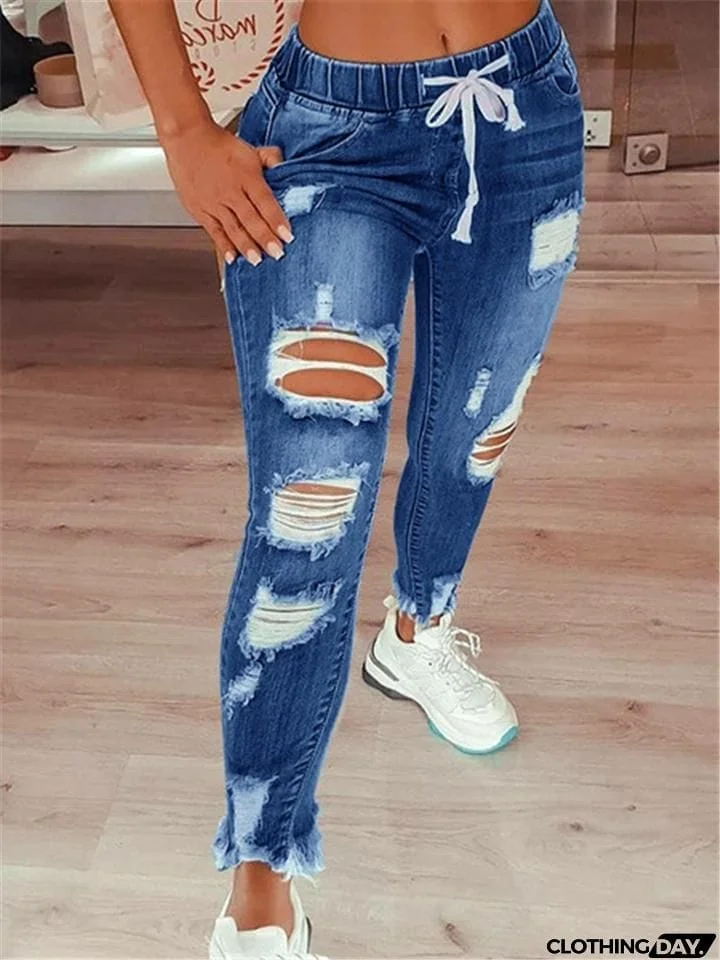 Fashion Elastic Waistband Distressed Slash Pockets Ripped Mom Jeans
