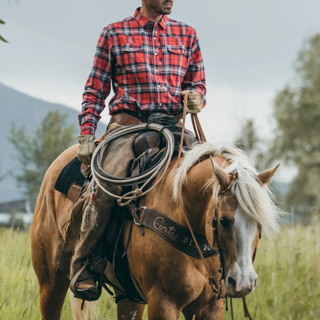 Men's Western Ranch Check Casual Wedding Button-Down Shirt-inspireuse