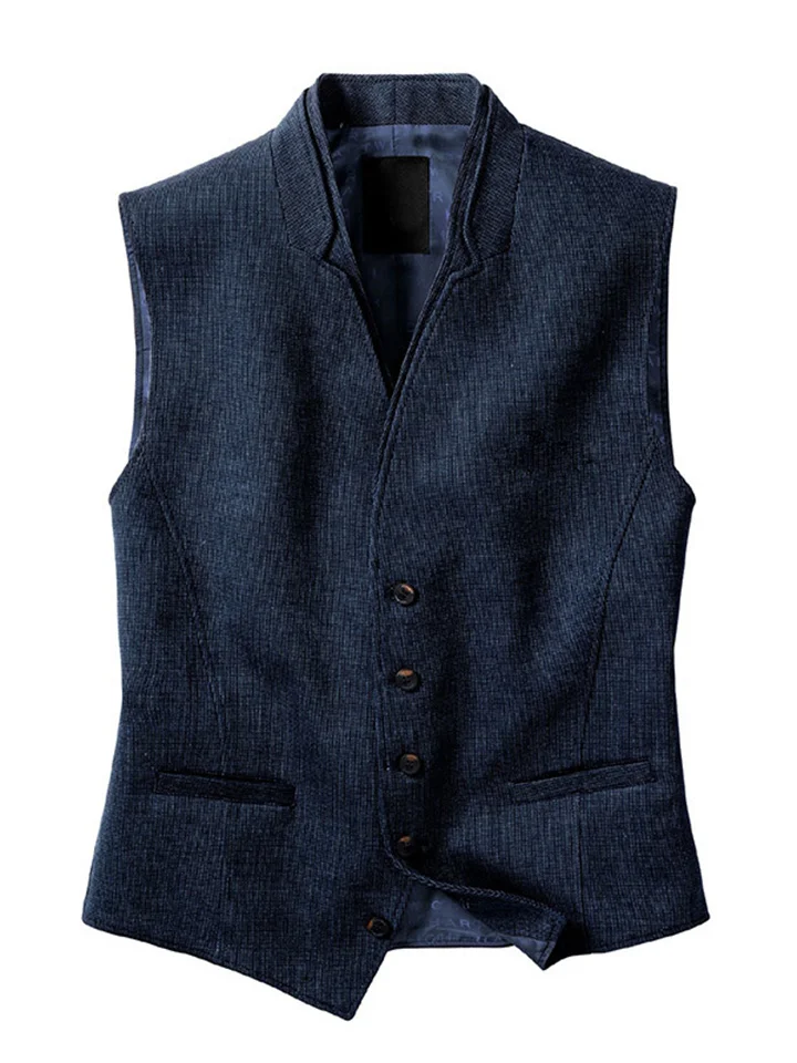 Casual Solid Color V-neck Men's Single-breasted Stand-up Collar Undershirt Slim Vest Men's Jacket Work Vest-Cosfine