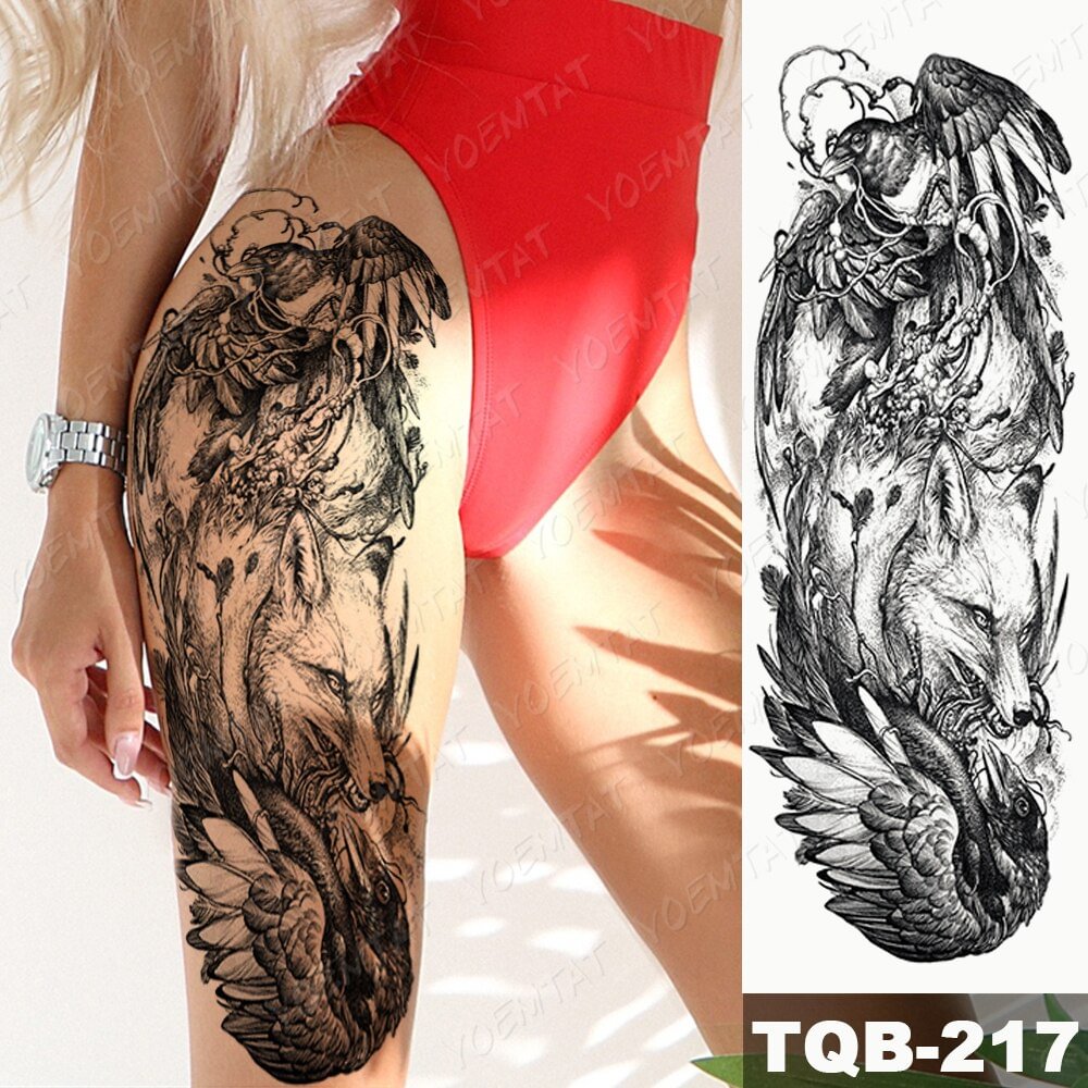 Gingf Temporary Full Arm Tattoo Stickers Crow Skeleton Fox Forest Devil Flash Tattoos Women Body Art Fake Sleeve Tatto Male
