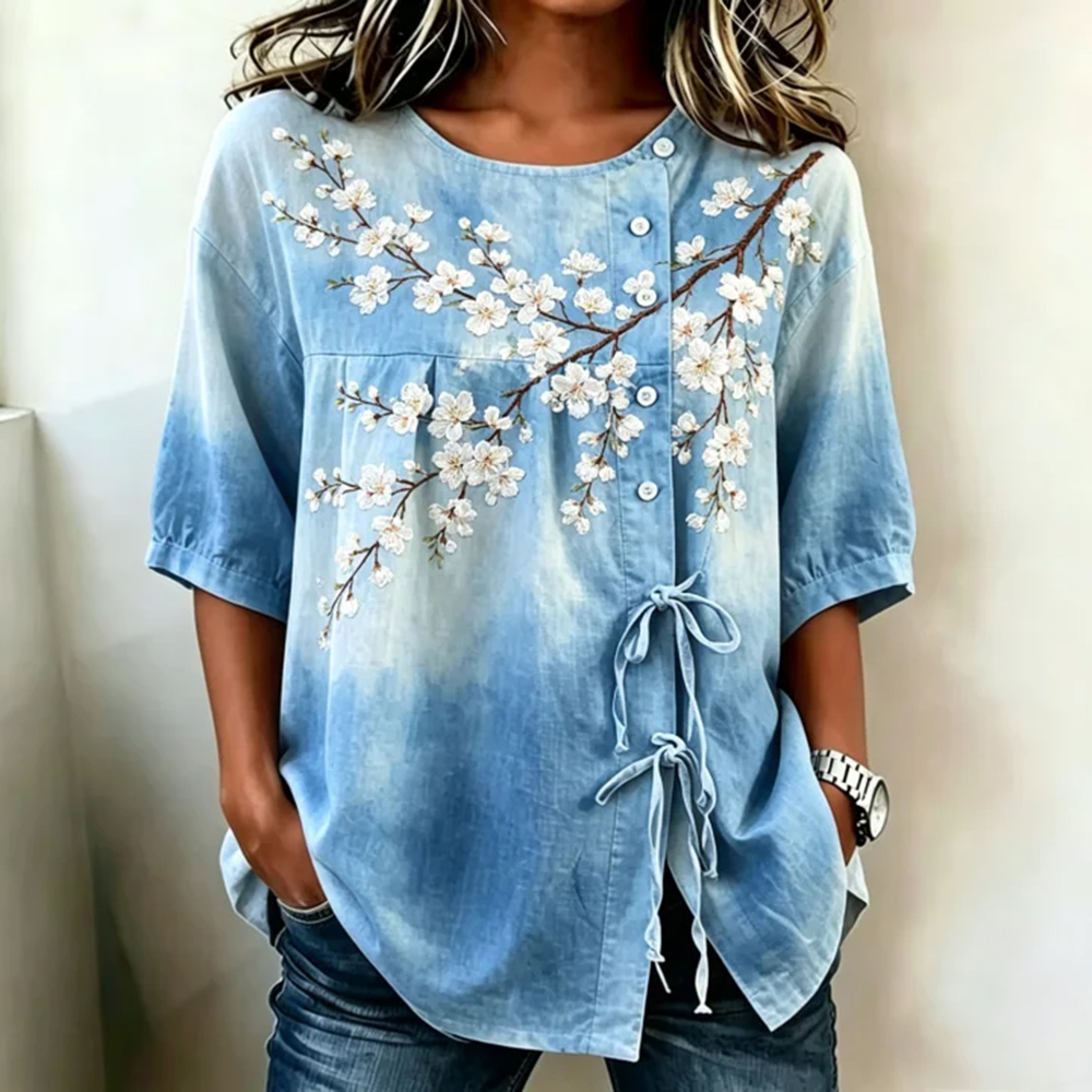 Comstylish Women's Japanese Style White Cherry Blossom Embroidered Artistic Waist Shirt