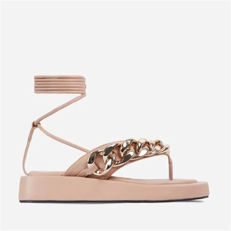 Women's 2021 Fashion Chain Flip Flops Sandals Shoes Women Clip Toe Thong Platform Lace Up Ladies Casual Gladiator Sandals Shoes