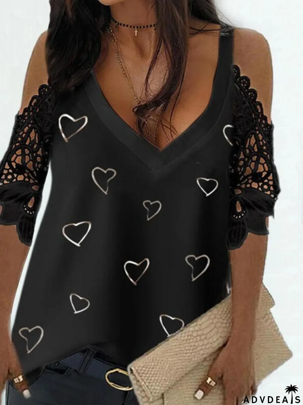 Women V-neck Cold Shoulder Floral Printed Top