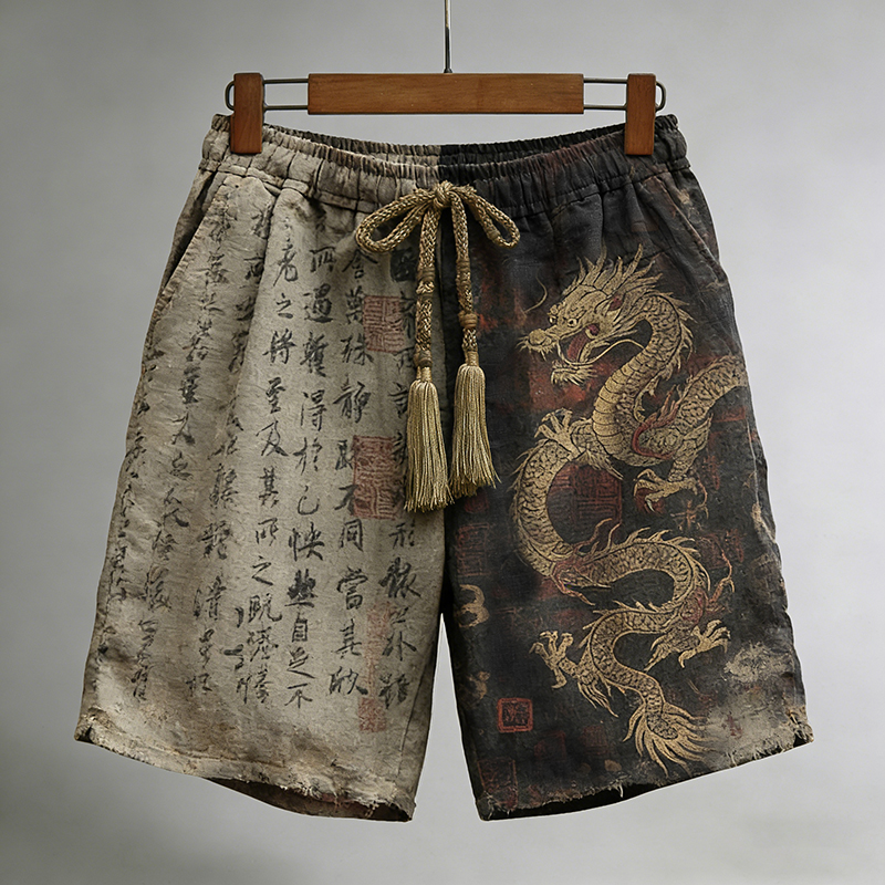 Men's Calligraphy With Dragon Art Pattern Linen Blend Casual Shorts  artssus