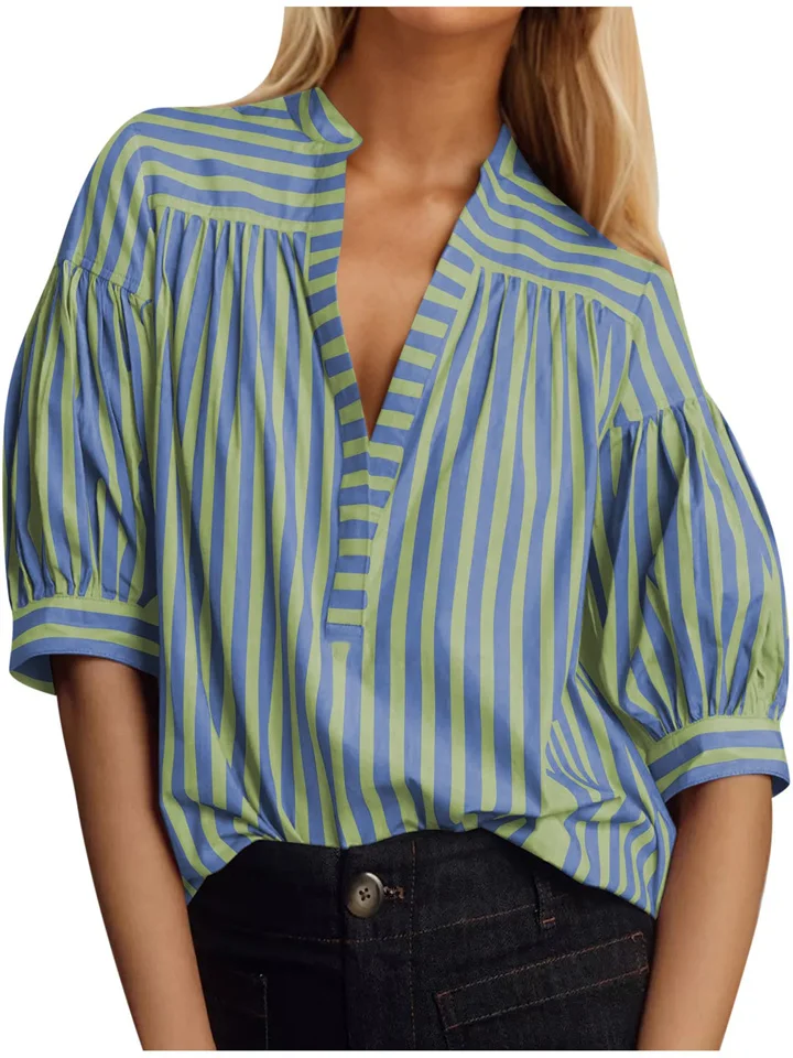New Women's Fashion Wild Loose Striped Shirt Short Sleeve Lantern Sleeve