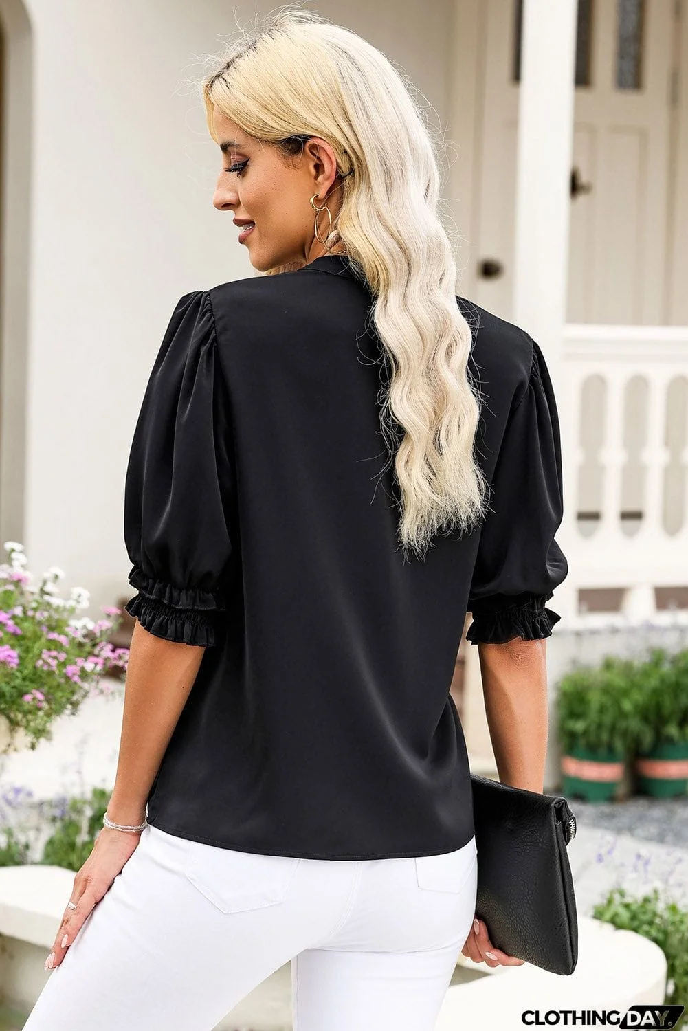 Notched Neck Puff Sleeve Blouse