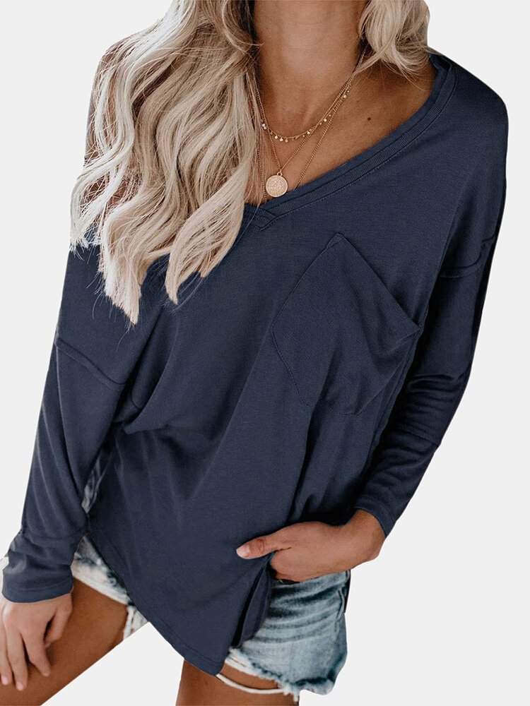 Solid Color Long Sleeve V neck Pocket Casual T shirt For Women P1768660