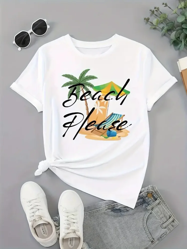 Beach Please Print T-shirt, Casual Short Sleeve Crew Neck Top For Spring & Summer, Women's Clothing