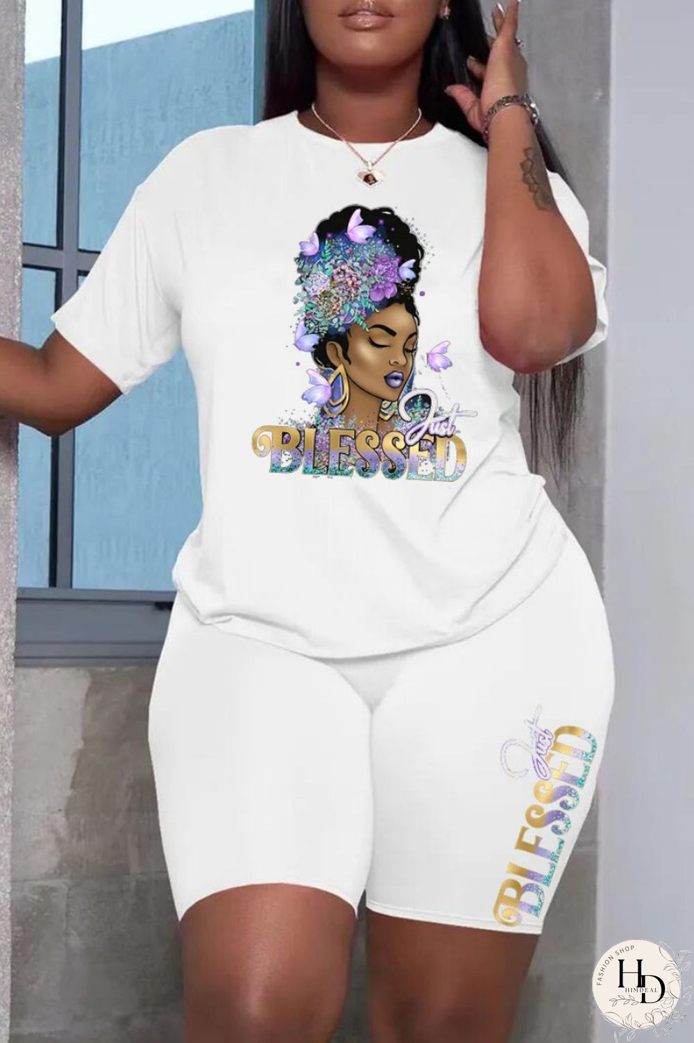 Grey Fashion Casual Print Patchwork O Neck Short Sleeve Plus Size Two Pieces