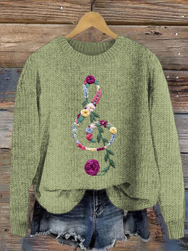 Floral Music Pattern Crew Neck Sweater wearshes
