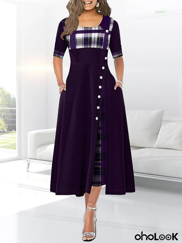 Work Dress Swing Dress Plaid Dress Midi Dress Black Yellow Wine Half Sleeve Plaid Patchwork Summer Spring Crew Neck Modern Winter Dress Office Birthday S M L XL XXL 3XL 4XL 5XL for Women