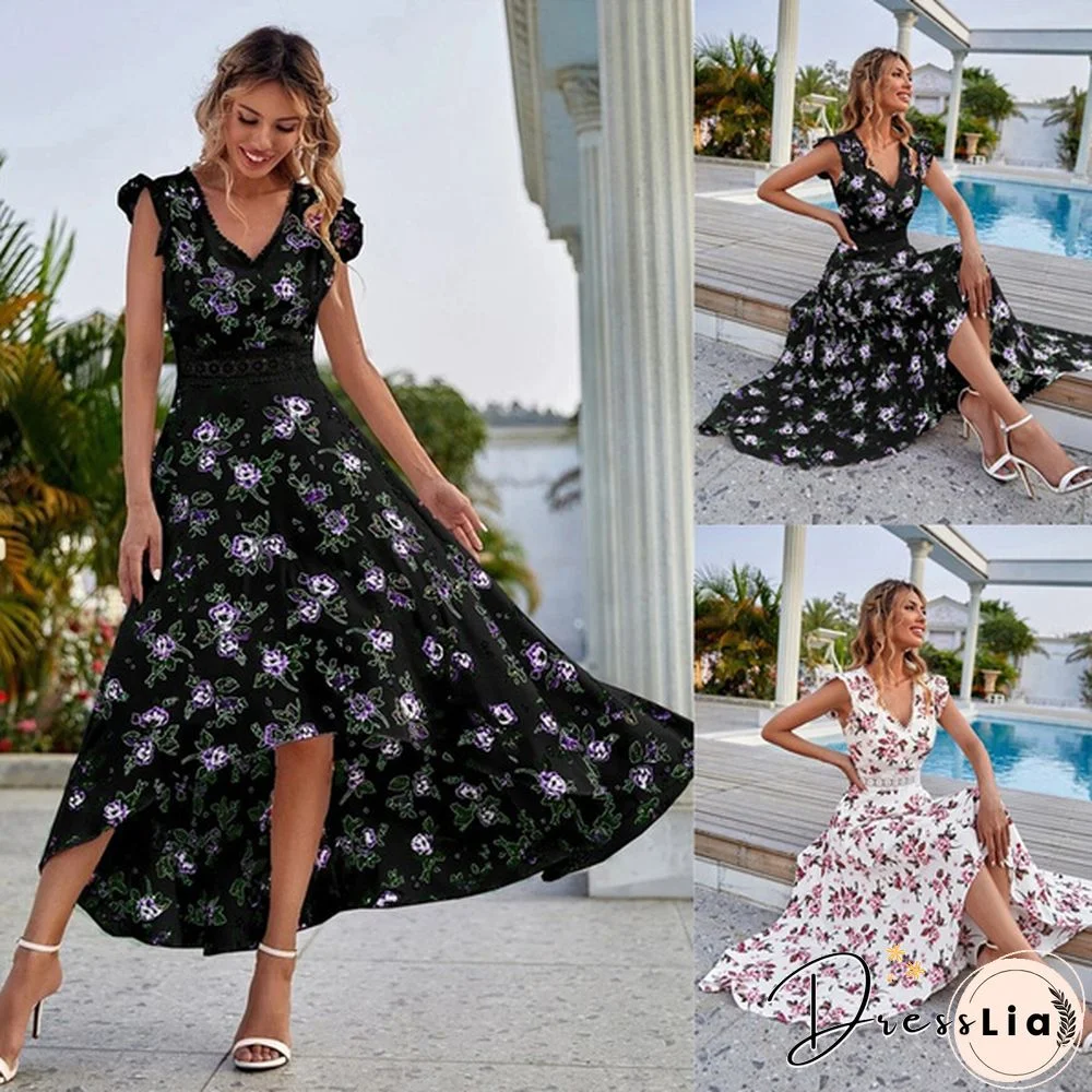 Summer Dresses Women Fashion V-neck Sleeveless Lace Patchwork Floral Print Holiday Long Dress Casual Vestido Party Dress