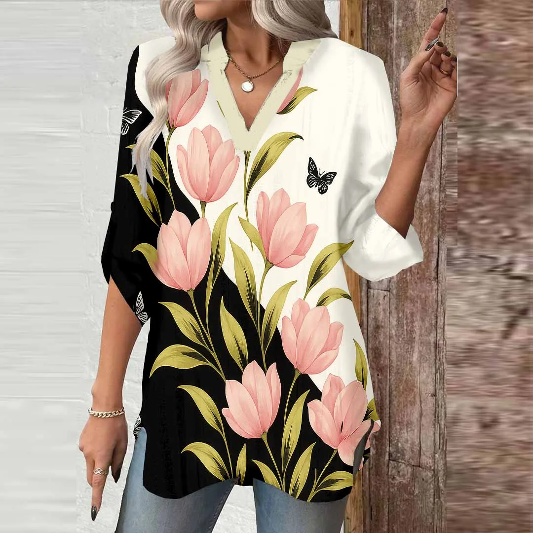 Women Floral,Lily,Pink,Black DZGA0787 3/4 Sleeve V-neck Printed Graphic Button Tops