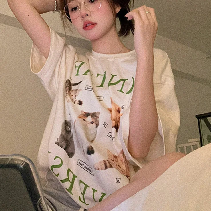 Cartoonh T Shirt Women Animal Cat Print Y2k Aesthetic Tops Koreanf Ashion T-shirts Summer Kawaii Graphic Tees Harajuku Shirts