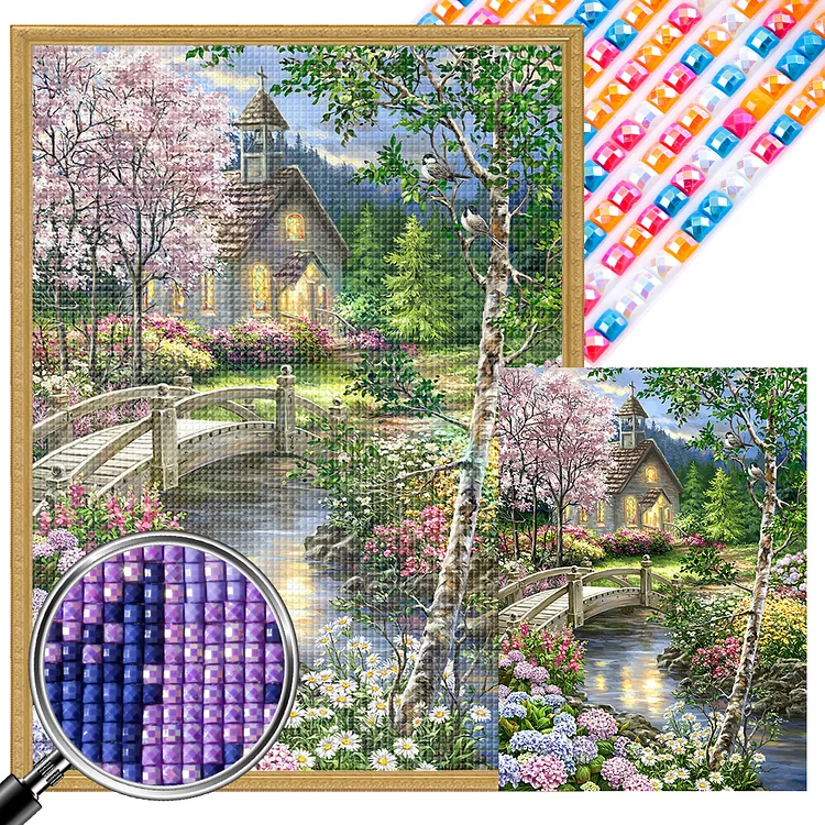 Partial AB Drill - Full Square Diamond Painting - Small Bridge And Flowing Water Garden 40*55CM