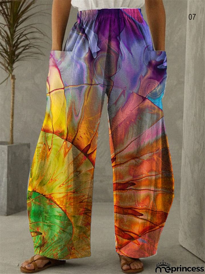 Female Retro Art Printed Loose Plus Size Elastic Waist Wide Leg Pants