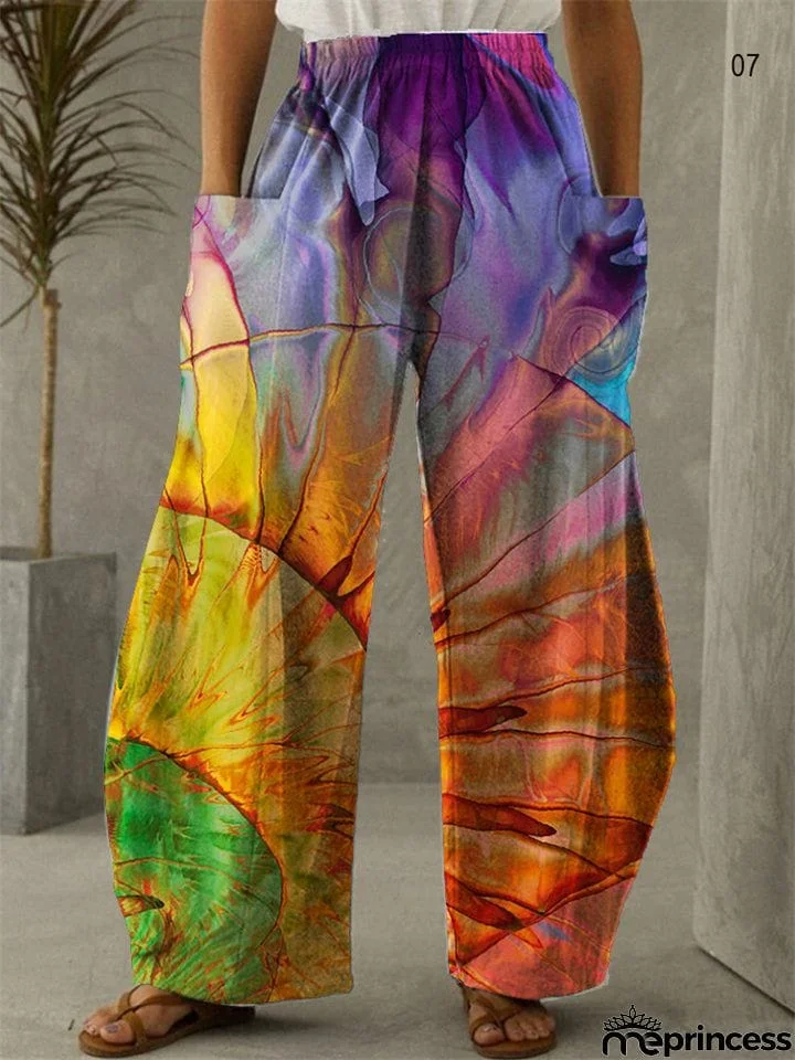 Female Retro Art Printed Loose Plus Size Elastic Waist Wide Leg Pants
