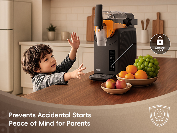 Text reads 'Prevents Accidental Starts Peace of Mind for Parents'. Kitchen safety demonstration with stove/cooking surface.