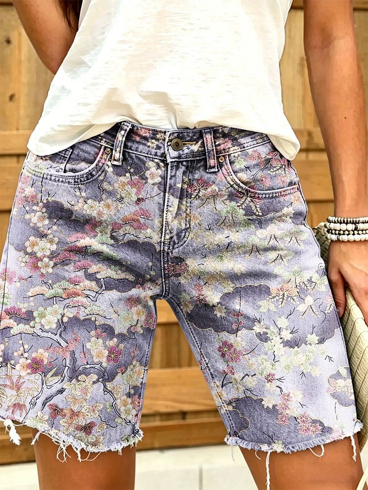 Women's Retro Floral Art Print Casual Washed Cotton Denim Shorts