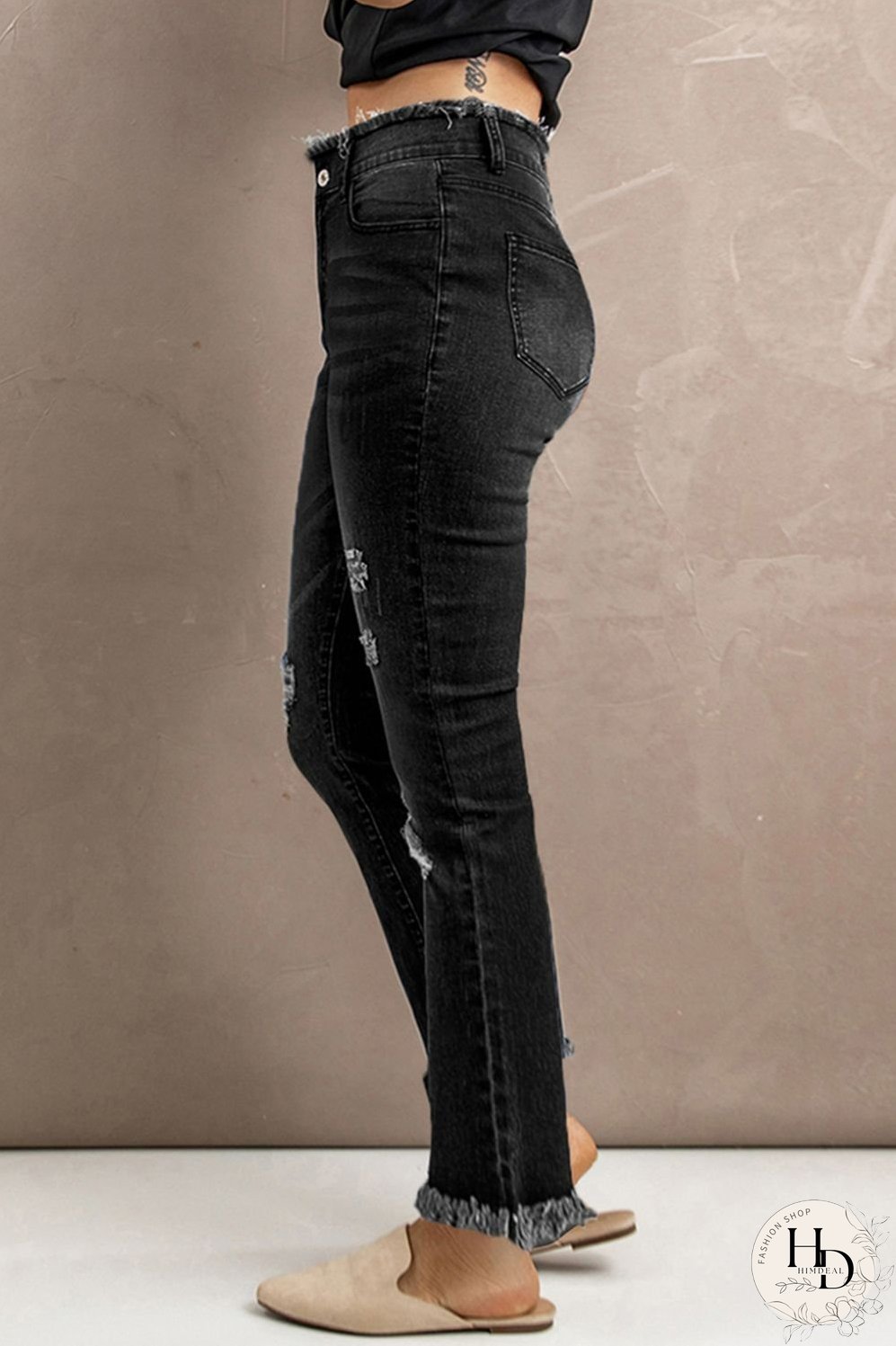 Baeful High Waist Distressed Raw Hem Jeans