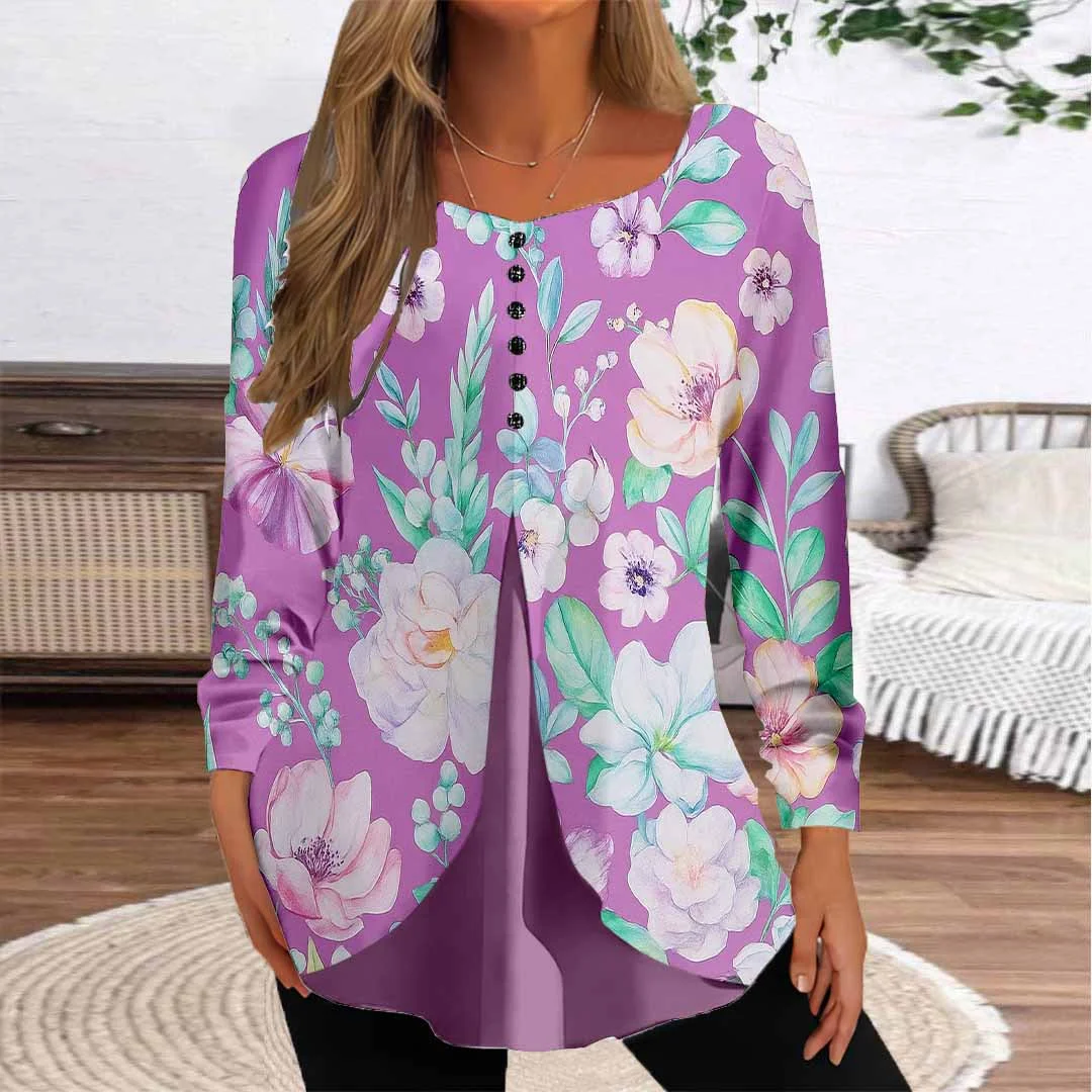 Women Floral,Pink DZGG8306 Long Sleeve Scoop Neck Printed Graphic Button Fake 2in1 Tops