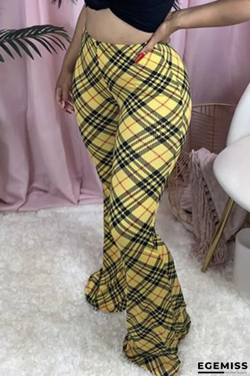 Yellow Fashion Casual Print Basic Regular High Waist Trousers | EGEMISS