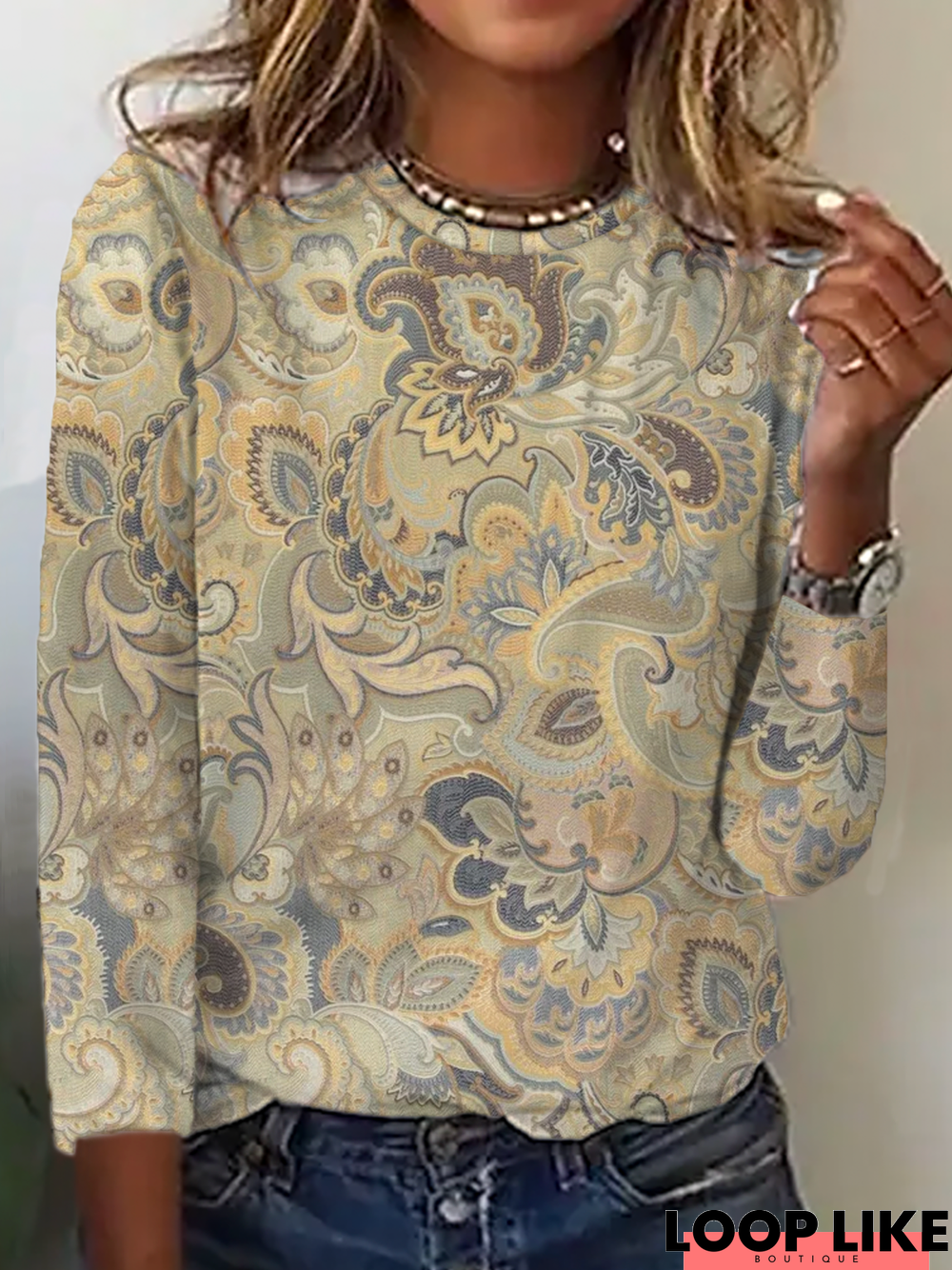 Casual Paisley Autumn Micro-Elasticity Jersey Long sleeve Crew Neck Regular Regular T-shirt for Women