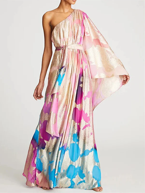 Asymmetric Floral Printed Pleated Long Sleeves Loose One-Shoulder Maxi Dresses