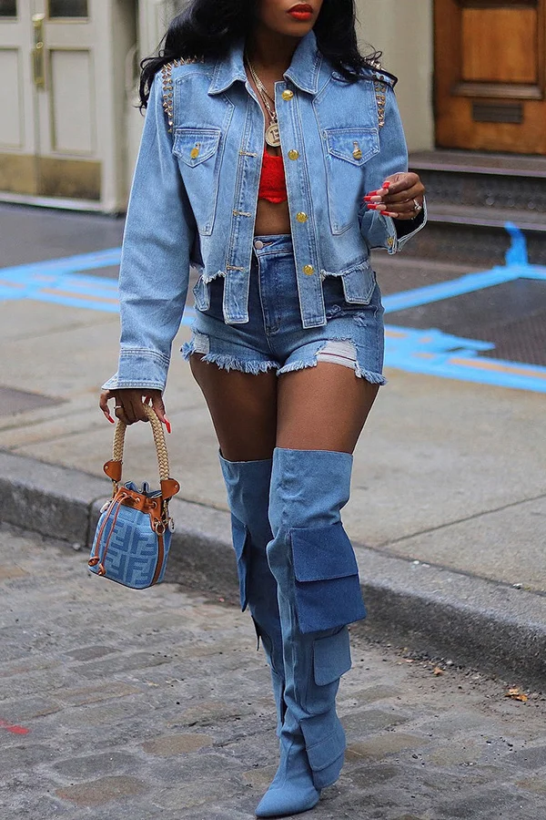 Casual Studded Irregular Denim Jacket