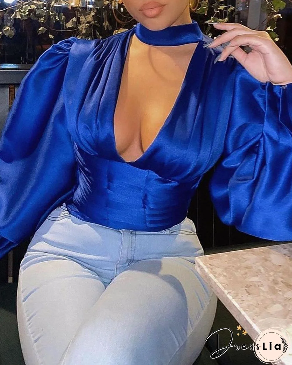 Puff Gigot Sleeve Cutout Front Satin Corset Top