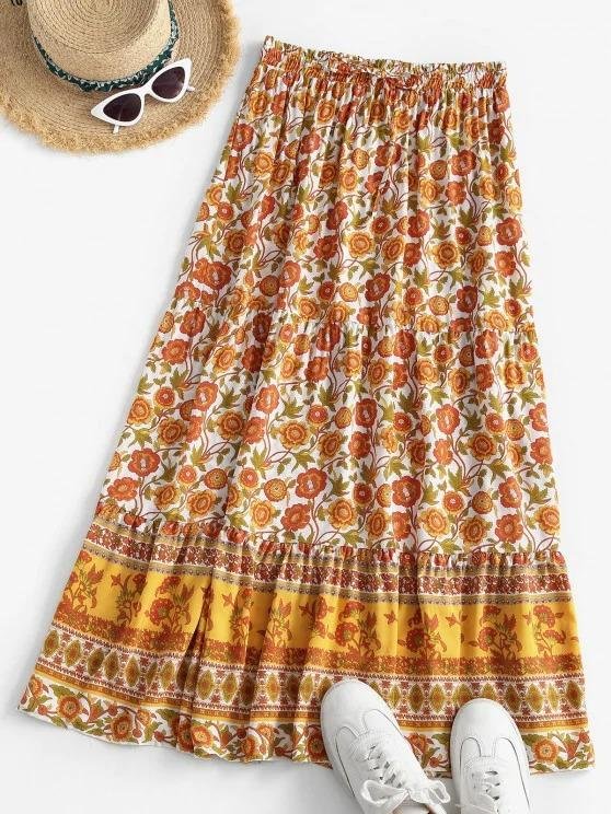 Bohemian Floral Drawstring Maxi Skirt