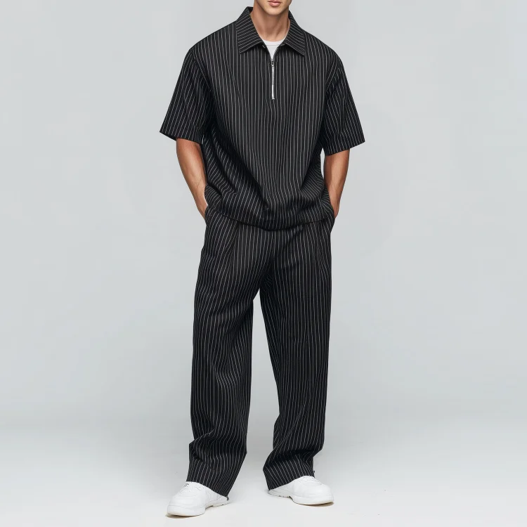 Okaywear Pinstriped Turndown Collar Half Zip Shirt & Pants 2Pcs Set 